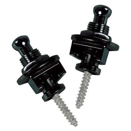 The Chord Set of 2 Strap Locks for Guitar in black features a smooth, glossy finish that contrasts with metallic screws at the ends. Positioned diagonally against a plain white background, these strap locks provide an ideal secure replacement for guitar strap applications.