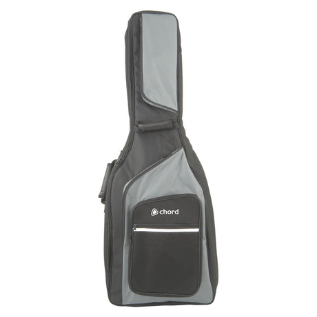 The Chord Guitar Gig Bag Classical is a black and gray padded carrying case featuring the Chord brand name on its front pocket. It has a heavy-duty zip that secures its padded interior, along with spacious compartments and a sturdy handle for easy transport.
