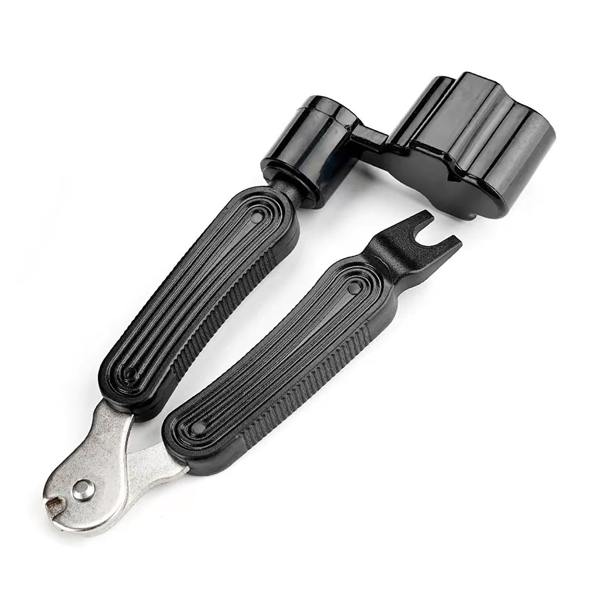 The Chord String Winder And Cutter Tool is a black and silver multi-purpose instrument against a white background. It includes a wrench, an integrated socket driver, and a string cutter with textured handles, tailored for diverse repair tasks.