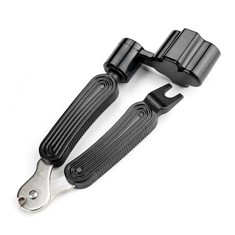 The Chord String Winder And Cutter Tool is a black and silver multi-purpose instrument against a white background. It includes a wrench, an integrated socket driver, and a string cutter with textured handles, tailored for diverse repair tasks.