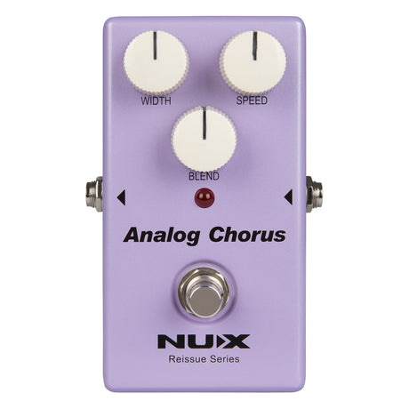 A purple NU-X Reissue Analog Chorus Pedal, equipped with three white knobs for width, speed, and blend. Features include true bypass, a footswitch, and a small red LED indicator, capturing the essence of a vintage chorus pedal.