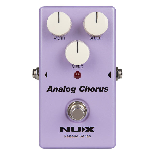 A purple NU-X Reissue Analog Chorus Pedal, equipped with three white knobs for width, speed, and blend. Features include true bypass, a footswitch, and a small red LED indicator, capturing the essence of a vintage chorus pedal.