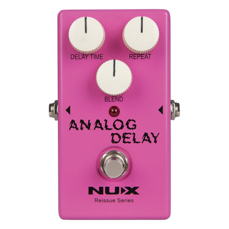 The NU-X Reissue Analog Delay Pedal is a pink effects pedal featuring three white knobs labeled Delay Time, Repeat, and Blend. It offers true bypass and analog circuitry with the words "Analog Delay" in black and the NUX brand logo at the bottom. Part of the Reissue Series, this vintage delay pedal combines classic tone with modern reliability.