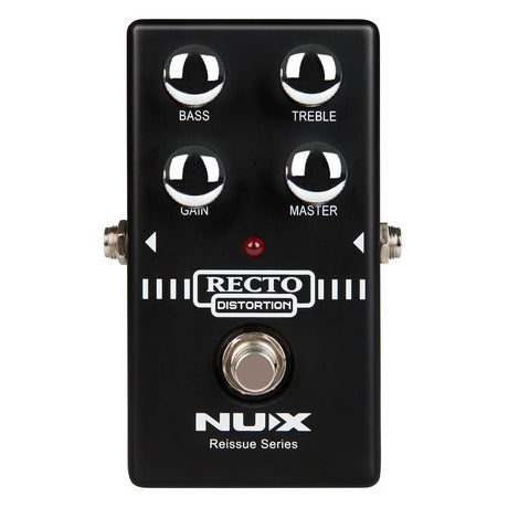 Introducing the NU-X Reissue Recto Distortion Pedal in black, featuring four knobs labeled Bass, Treble, Gain, and Master. This pedal boasts true bypass and analog circuitry and includes a footswitch alongside a red indicator light. It is equipped with input/output jacks located on the sides, being part of the high gain Reissue Series.