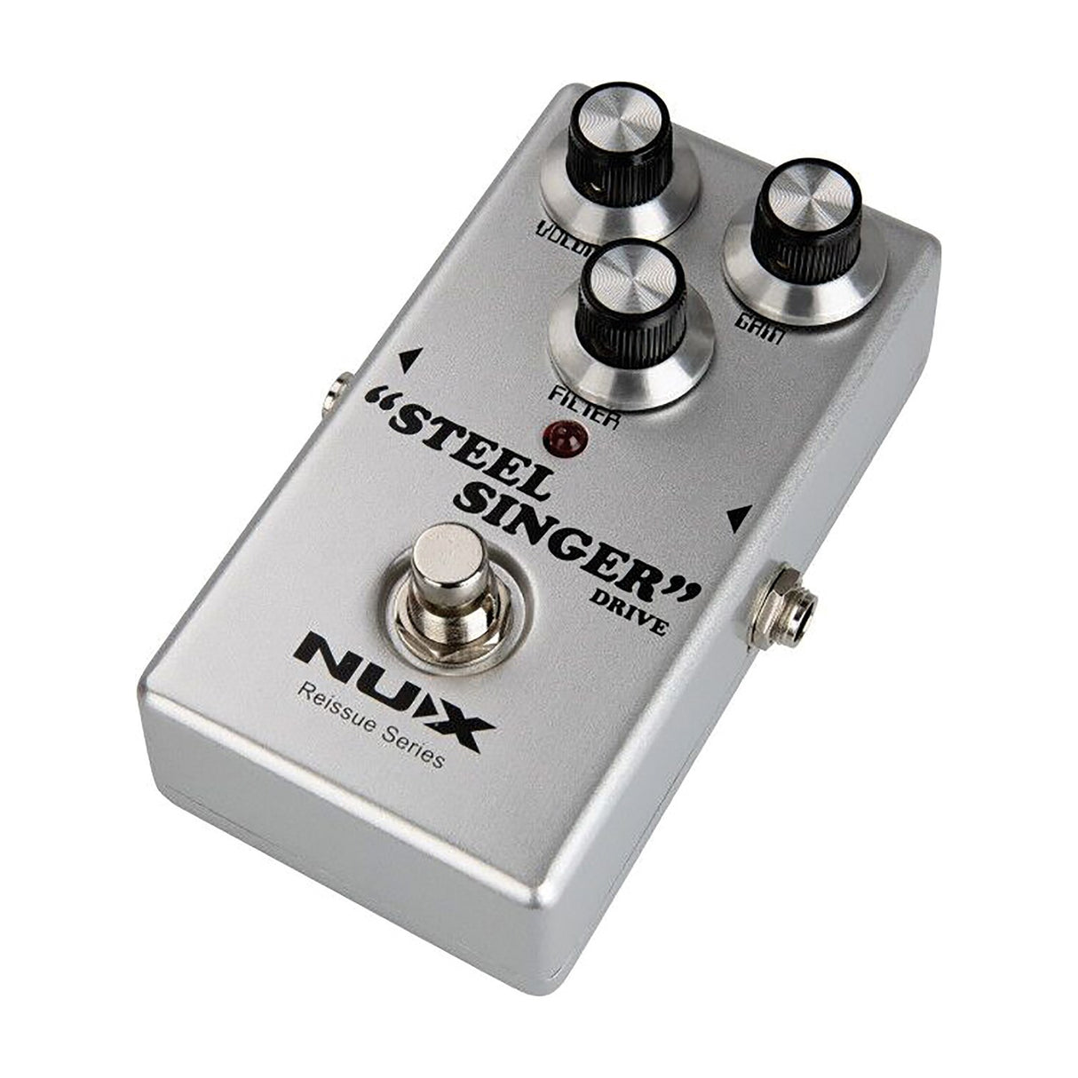 NU-X DIAB Steel Singer analog drive guitar pedal in silver casing with Volume, Gain and Filter knobs, footswitch and side jacks on a white background.