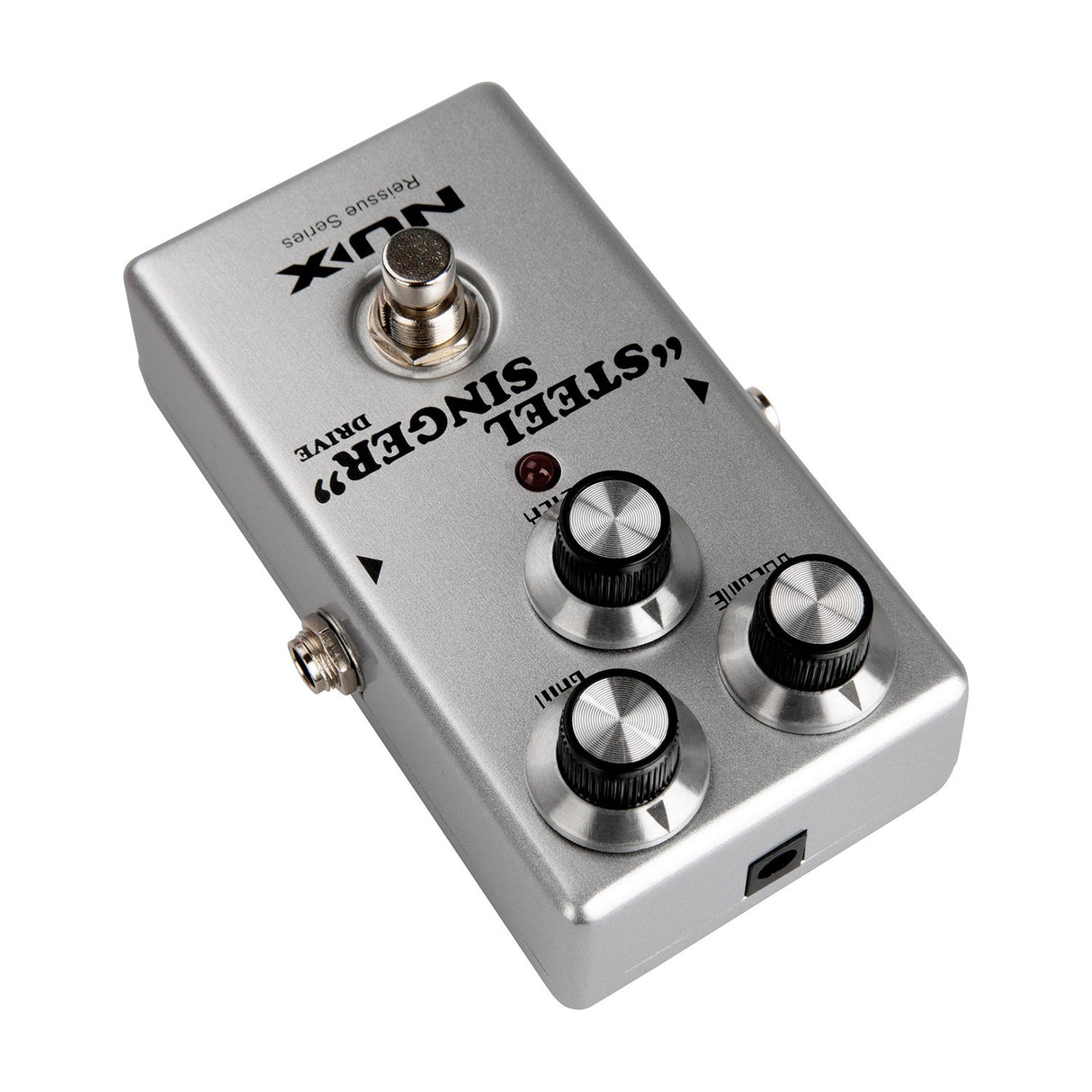 NU-X DIAB Steel Singer Analog Drive Pedal in brushed silver casing with three control knobs, footswitch, and indicator LED, shown on a white background.