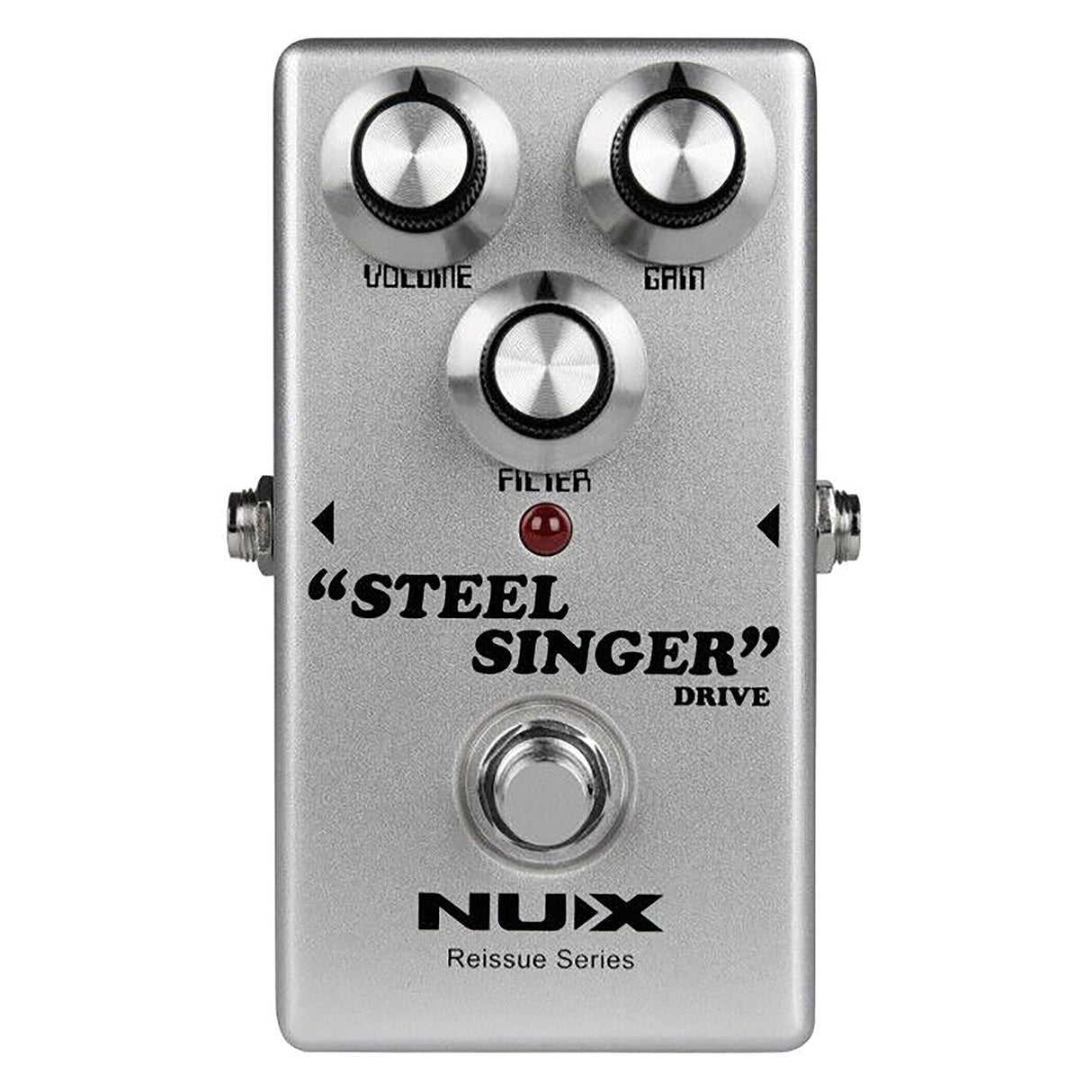 The NU-X Reissue Steel Singer Drive Pedal is a silver guitar effects pedal with analog circuitry and three knobs labeled Volume, Gain, and Filter. It features a red LED indicator and true bypass.
