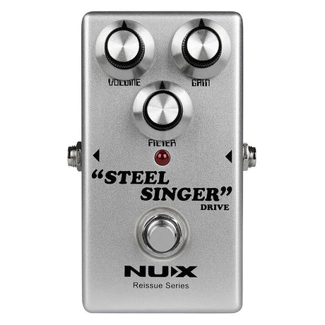 The NU-X Reissue Steel Singer Drive Pedal is a silver guitar effects pedal with analog circuitry and three knobs labeled Volume, Gain, and Filter. It features a red LED indicator and true bypass.