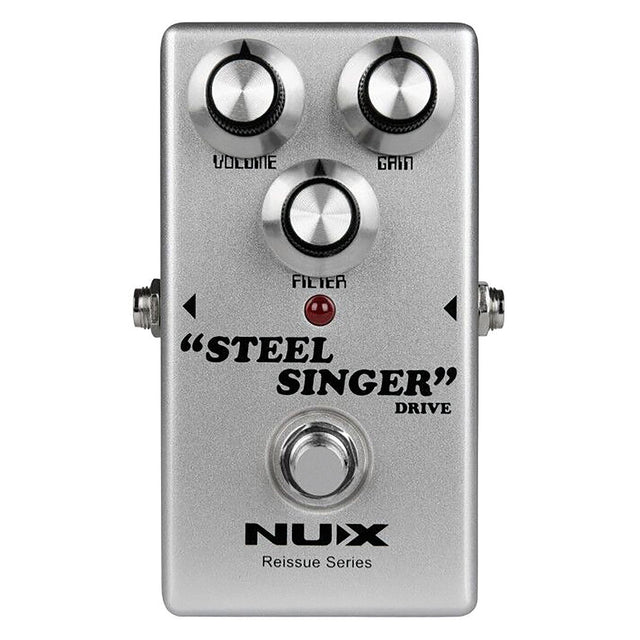 The NU-X Reissue Steel Singer Drive Pedal is a silver guitar effects pedal with analog circuitry and three knobs labeled Volume, Gain, and Filter. It features a red LED indicator and true bypass.
