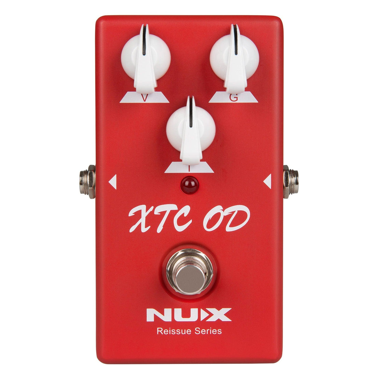 The NU-X Reissue XTC OD Pedal is a red drive pedal with three white control knobs labeled V, G, and I. It features a silver footswitch at the bottom and has "XTC OD" displayed in white lettering on the front. The pedal incorporates true bypass technology, with "NUX Reissue Series" printed at the bottom.