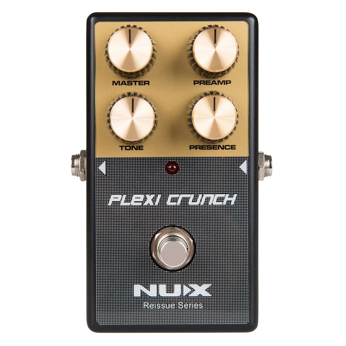 The NU-X Reissue Plexi Crunch Pedal is an amp simulator featuring analog circuitry. It includes four control knobs labeled Master, Preamp, Tone, and Presence, as well as a single footswitch at the bottom for versatile electric guitar effects.