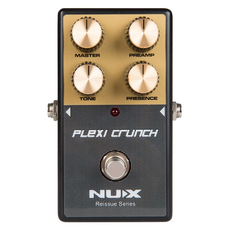 The NU-X Reissue Plexi Crunch Pedal is an amp simulator featuring analog circuitry. It includes four control knobs labeled Master, Preamp, Tone, and Presence, as well as a single footswitch at the bottom for versatile electric guitar effects.