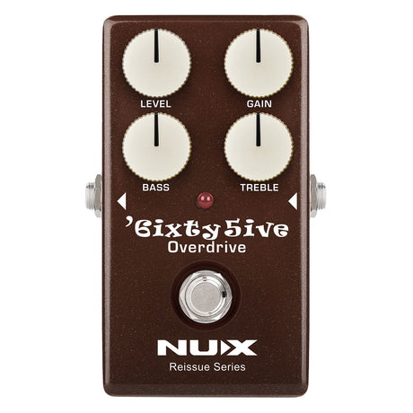Image of a NU-X 6ixty 5ive Overdrive Pedal, capturing the timeless warmth of black panel amplifiers. It includes four knobs—Level, Gain, Bass, and Treble—for precise tone control, along with a footswitch at the bottom. The pedal is brown with white text and is part of the Reissue Series.