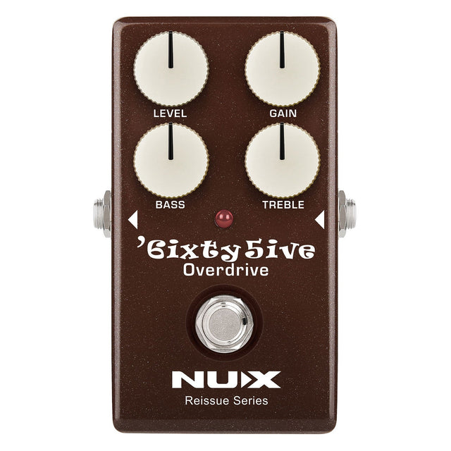 Image of a NU-X 6ixty 5ive Overdrive Pedal, capturing the timeless warmth of black panel amplifiers. It includes four knobs—Level, Gain, Bass, and Treble—for precise tone control, along with a footswitch at the bottom. The pedal is brown with white text and is part of the Reissue Series.