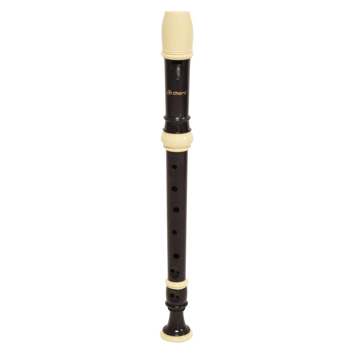 Introducing the Chord Descant Baroque Recorder in Black & Cream: Crafted for beginners, this recorder features a black ABS plastic body with a cream-colored mouthpiece and decorative rings. It boasts baroque fingering and multiple finger holes for versatile note-playing.