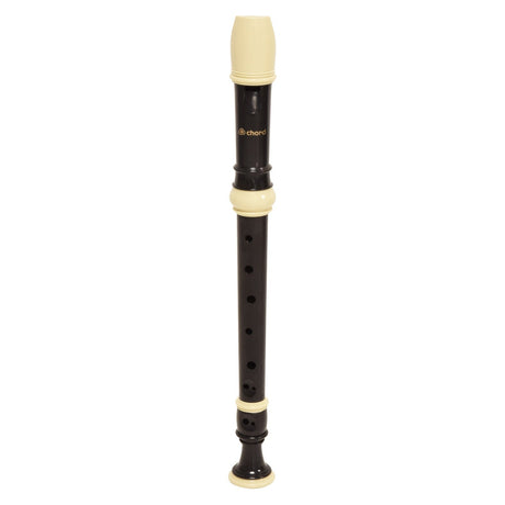 Introducing the Chord Descant Baroque Recorder in Black & Cream: Crafted for beginners, this recorder features a black ABS plastic body with a cream-colored mouthpiece and decorative rings. It boasts baroque fingering and multiple finger holes for versatile note-playing.