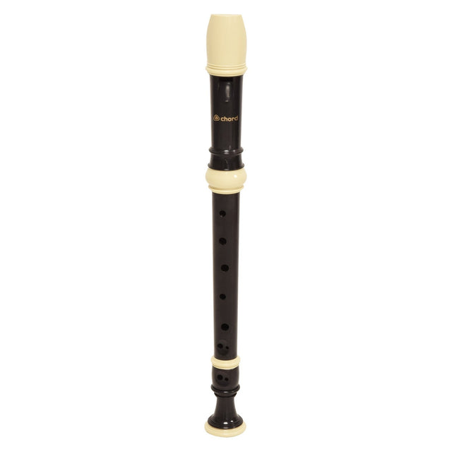 Introducing the Chord Descant Baroque Recorder in Black & Cream: Crafted for beginners, this recorder features a black ABS plastic body with a cream-colored mouthpiece and decorative rings. It boasts baroque fingering and multiple finger holes for versatile note-playing.