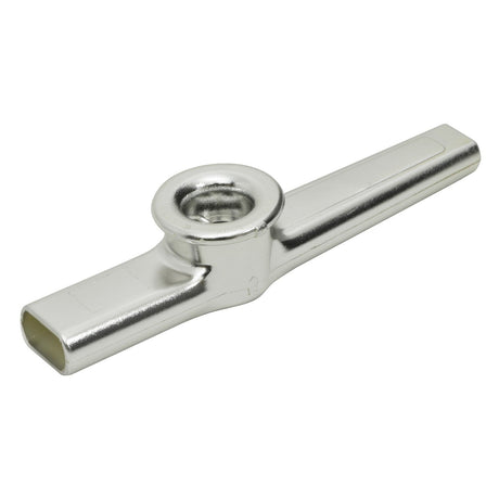 The Chord Kazoo is a shiny metal instrument with a cylindrical body and a flattened top. Perfect for vocal accompaniment, it features a round opening on the top and a rectangular mouthpiece at one end.