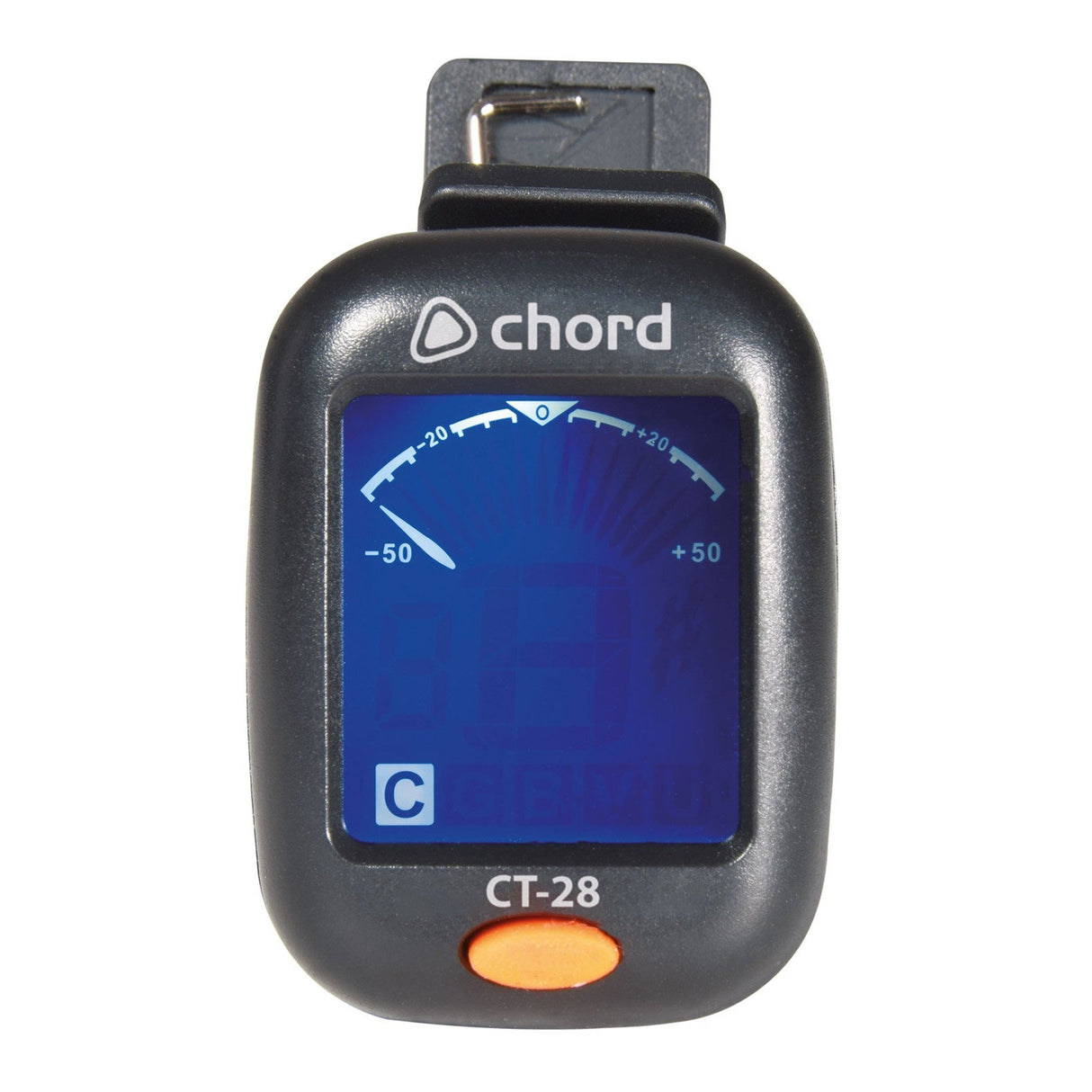The Chord CT-28 Compact Clip Tuner is a small device with a blue display screen that shows a tuning gauge, the Chord logo, and the model number CT-28. It features a black casing with an orange button and offers various tuning modes ideal for stringed instruments.