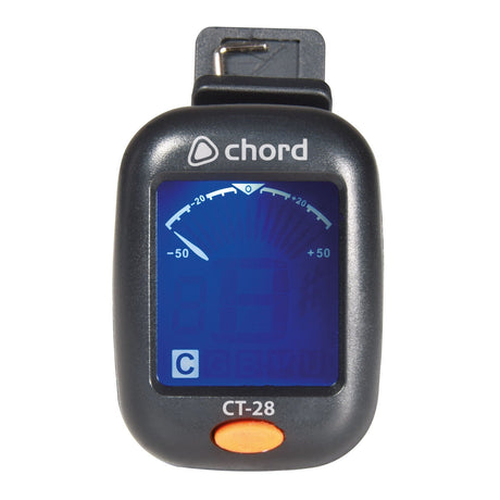 The Chord CT-28 Compact Clip Tuner is a small device with a blue display screen that shows a tuning gauge, the Chord logo, and the model number CT-28. It features a black casing with an orange button and offers various tuning modes ideal for stringed instruments.