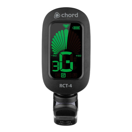 The Chord RCT-4 Rechargeable Clip Tuner is a sleek black digital chord tuner with a bright, color-changing display that ensures precise tuning. It includes an adjustable clamp for secure attachment to your instrument, and features an RCT-4 display at the bottom. Equipped with a rechargeable battery, it offers convenient portability.
