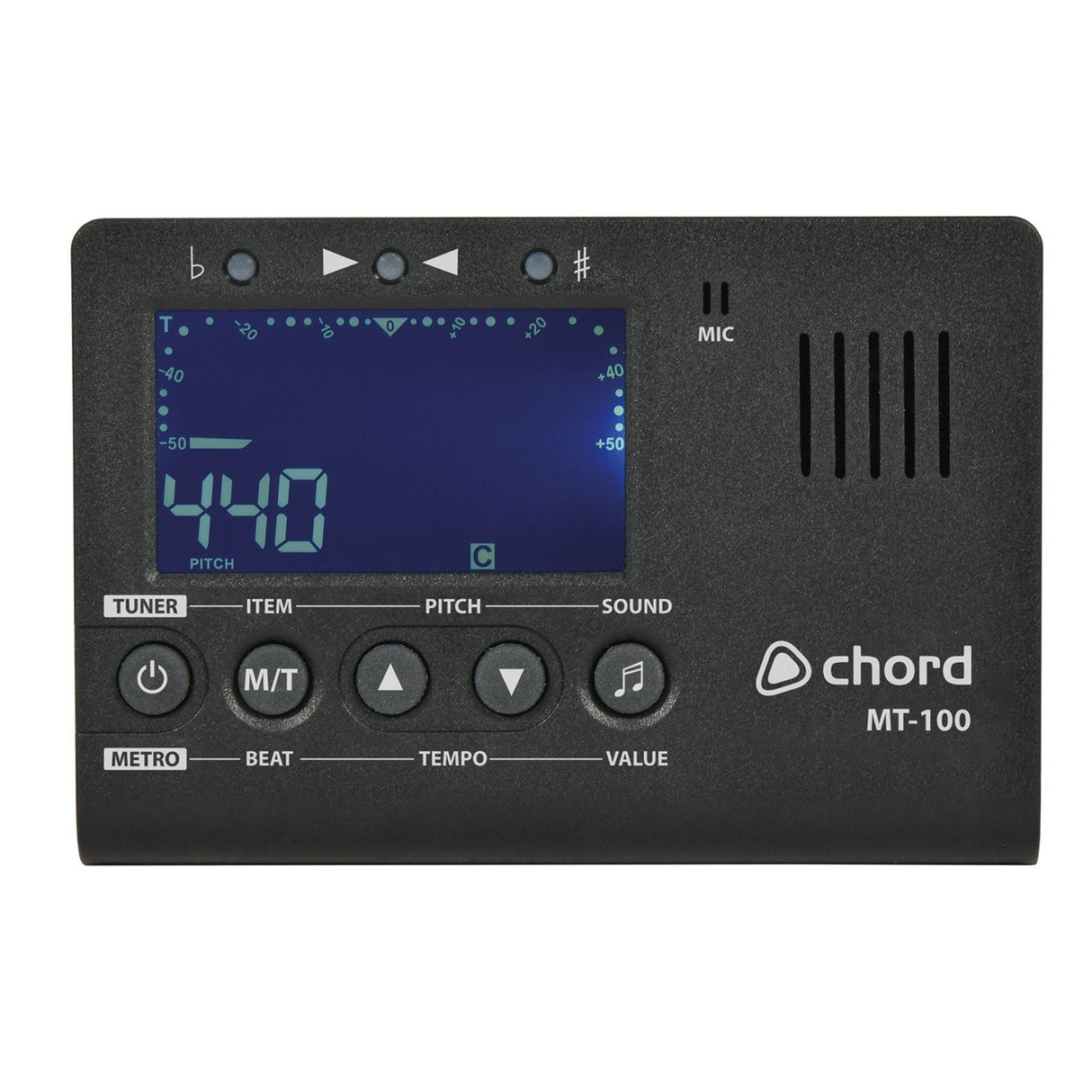 The black rectangular musician tool, known as the Chord MT-100 Metro-Tuner + Pitch Generator, functions as both a digital tuner and metronome. It features a blue display showing 440 and includes buttons labeled Tuner, Item, Pitch, Sound, Metro, Beat, Tempo, and Value.
