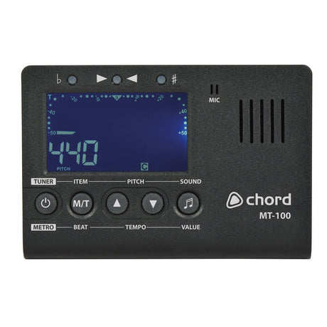 The black rectangular musician tool, known as the Chord MT-100 Metro-Tuner + Pitch Generator, functions as both a digital tuner and metronome. It features a blue display showing 440 and includes buttons labeled Tuner, Item, Pitch, Sound, Metro, Beat, Tempo, and Value.