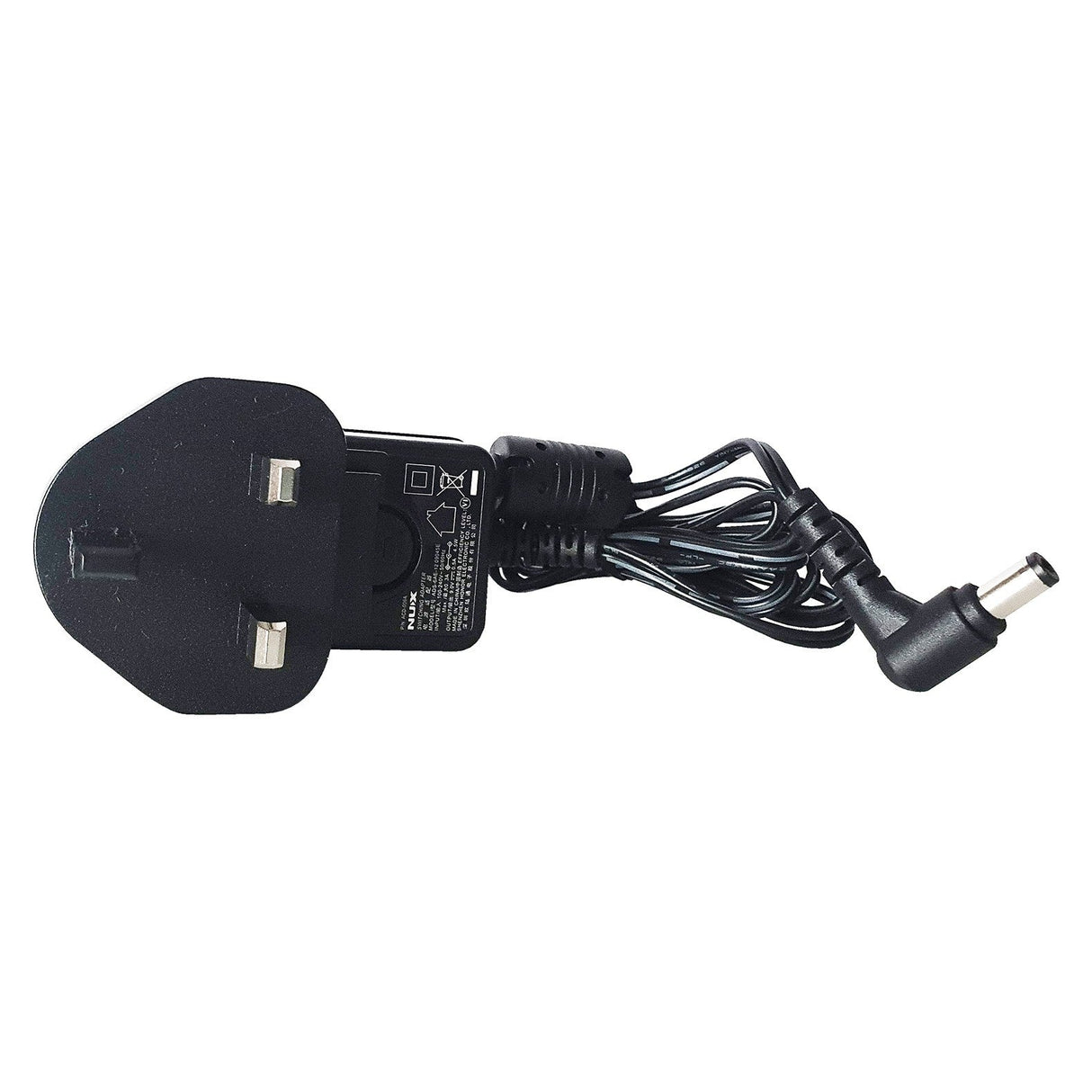 The NU-X Pedal Power Adaptor 9V DC 500ma features a neatly coiled black cable attached to a UK three-pin plug. This switch-mode power adaptor is ideal for 9Vdc effect pedals and comes equipped with a right-angled DC connector. For added peace of mind, safety information and certification marks are clearly printed on the plug.