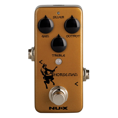 The NU-X Horseman Overdrive Pedal, in gold with black knobs for Gain, Output, and Treble, delivers the legendary tone of a Centaur pedal. It showcases a silhouette of a figure on horseback alongside the text "Horse Man," and brings that classic transparent overdrive sound to your music.