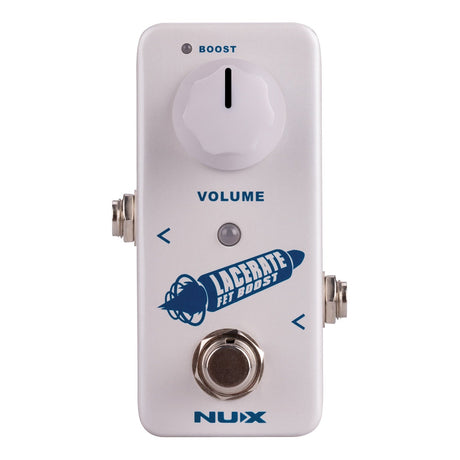 The NU-X Lacerate Mini Effects Pedal is a white pedal with a single volume knob labeled BOOST, providing a clean boost function. It includes an on/off footswitch and an internal voltage-doubler, along with two input/output jacks. Blue graphics and text gracefully adorn the pedal.