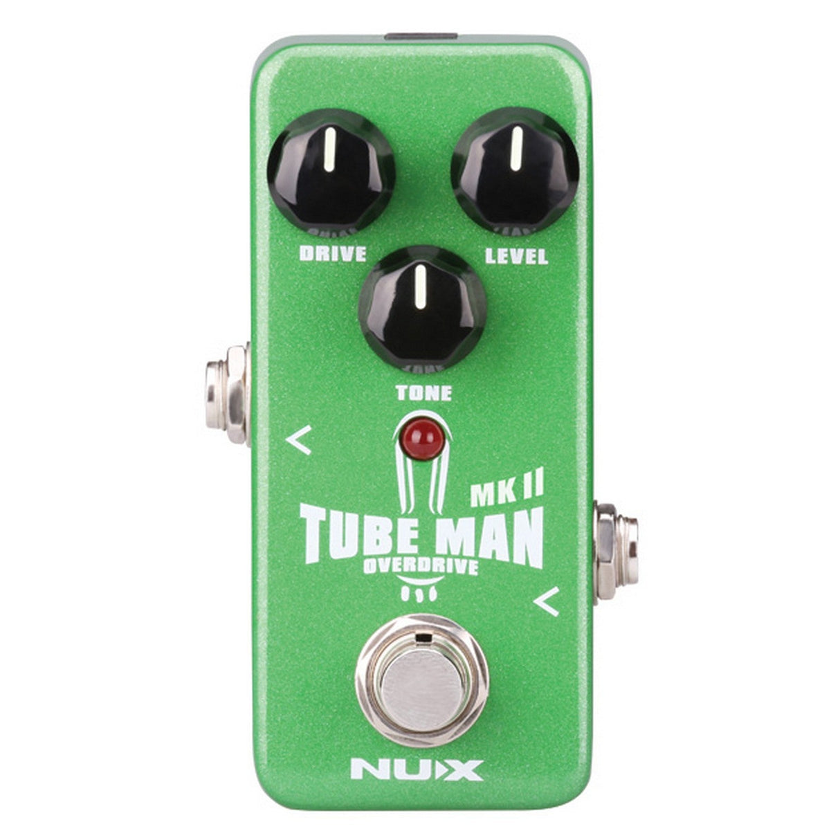 A Tube Man Mkii Overdrive Pedal by NU-X, designed in green, features three black knobs for adjusting drive, level, and tone. It delivers an authentic tube sound that echoes the classic Tube Screamer pedal. The effects pedal includes input and output jacks on the sides and a footswitch at the bottom for easy control.