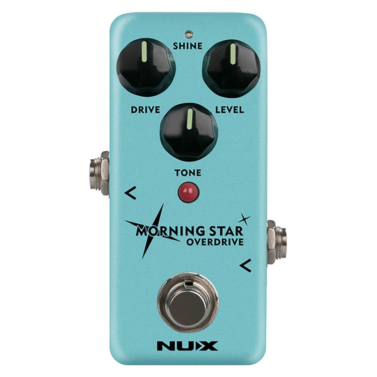 The NU-X Morning Star Overdrive Pedal, in a striking turquoise color, is inspired by classic blues drive pedals and boasts three black knobs labeled Shine, Drive, and Level. It also includes a centrally positioned Tone knob and a footswitch to round out its design. The brand name NUX is prominently displayed on the pedal. The flexible Shine mode enhances the sound with an added layer of brilliance.