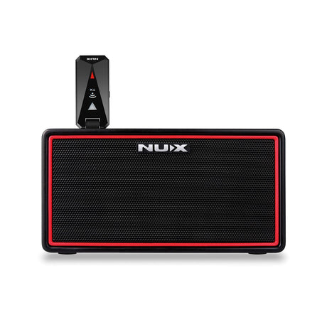 The NU-X Mighty Air Guitar/Bass Amp With Wireless Bug is a sleek, rectangular wireless speaker featuring a small black receiver with control buttons on top. It offers Bluetooth connectivity, a mesh front, and comes equipped with a rechargeable battery for ultimate portability.