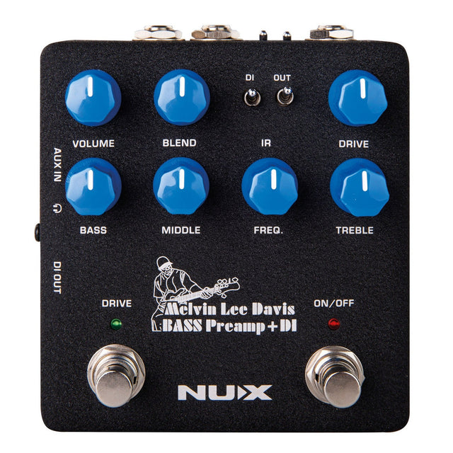 The NU-X MLD Bass Preamp + DI Pedal is a black bass preamp pedal that includes an integrated 3-band EQ and DI. It features blue knobs for controlling volume, blend, bass, middle, treble, and drive settings. The pedal is adorned with an illustration of a musician playing bass and the label "Melvin Lee Davis BASS Preamp + DI." The input and output jacks are conveniently located at the top.