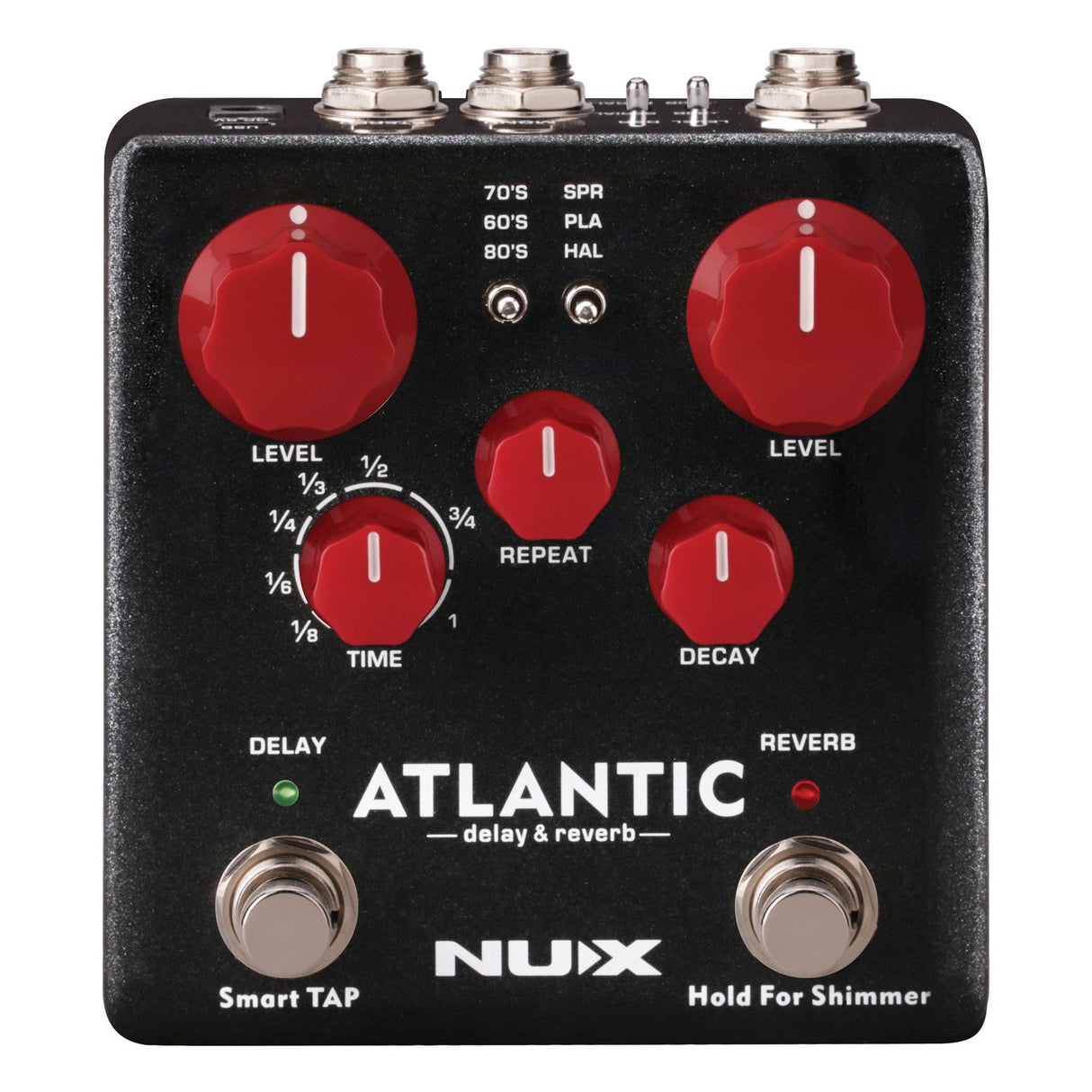 Image of a NU-X Atlantic Pedal showcasing Core Image Technology. Equipped with red knobs for level, time, repeat, and decay, it offers versatile delay and reverb modes including 70s, 60s, 80s, SPRING (SPR), PLATE (PLA), and HALL (HAL). Two foot switches are labeled Smart TAP and Hold for an engaging Shimmer effect.