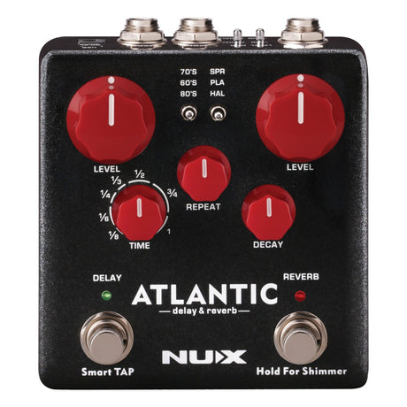 Image of a NU-X Atlantic Pedal showcasing Core Image Technology. Equipped with red knobs for level, time, repeat, and decay, it offers versatile delay and reverb modes including 70s, 60s, 80s, SPRING (SPR), PLATE (PLA), and HALL (HAL). Two foot switches are labeled Smart TAP and Hold for an engaging Shimmer effect.