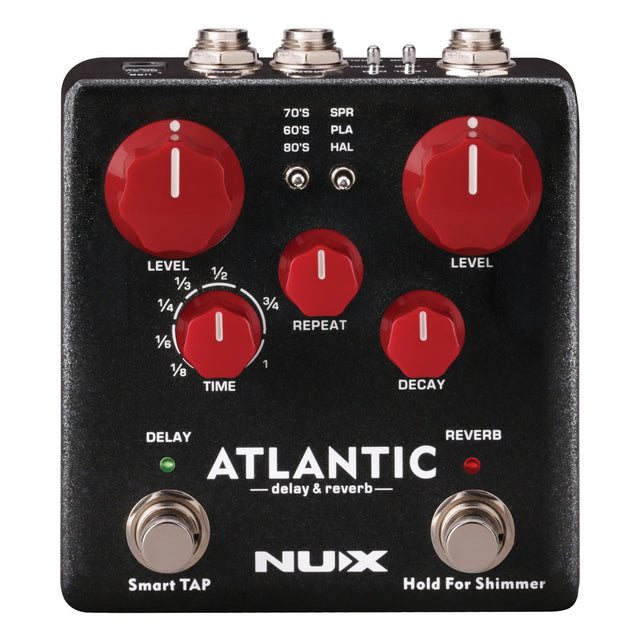 Image of a NU-X Atlantic Pedal showcasing Core Image Technology. Equipped with red knobs for level, time, repeat, and decay, it offers versatile delay and reverb modes including 70s, 60s, 80s, SPRING (SPR), PLATE (PLA), and HALL (HAL). Two foot switches are labeled Smart TAP and Hold for an engaging Shimmer effect.