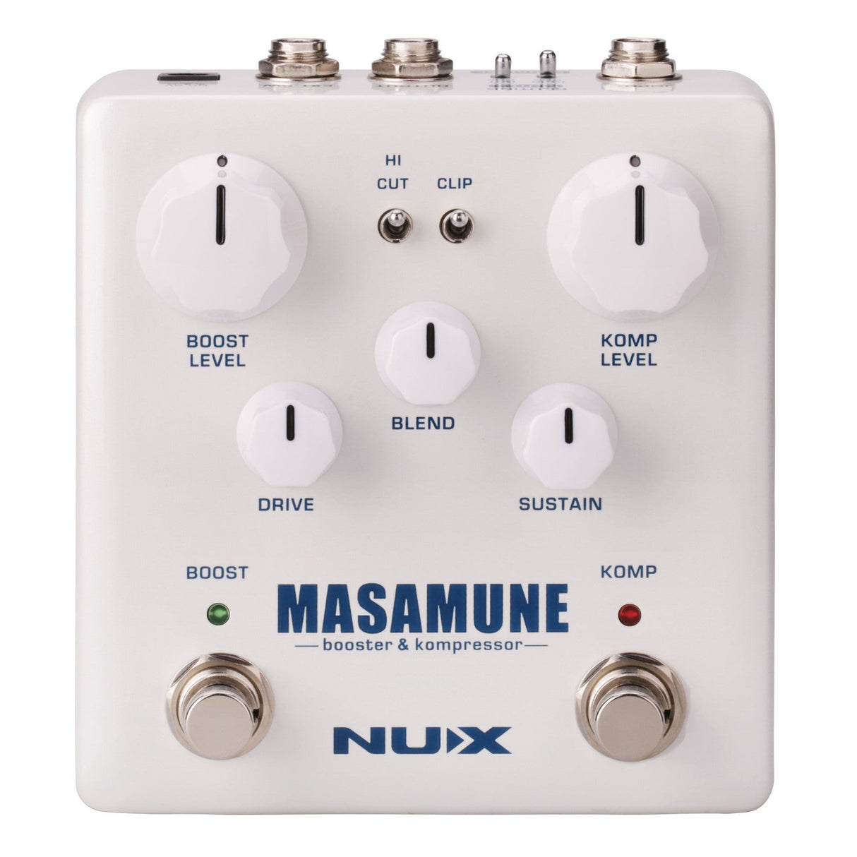 The NU-X Masamune Effects Pedal is a dream for sound enthusiasts, featuring two footswitches labeled Boost and Komp. It comes equipped with knobs to adjust boost level, Kompressor level, drive, blend, and sustain, as well as toggle switches for Hi-Cut and clip settings to intricately shape your guitar's tone.