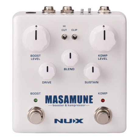 The NU-X Masamune Effects Pedal is a dream for sound enthusiasts, featuring two footswitches labeled Boost and Komp. It comes equipped with knobs to adjust boost level, Kompressor level, drive, blend, and sustain, as well as toggle switches for Hi-Cut and clip settings to intricately shape your guitar's tone.