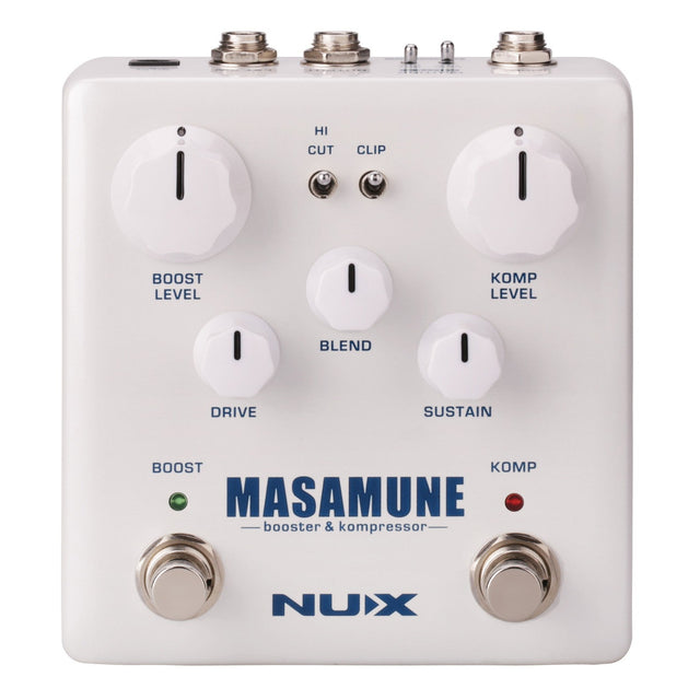 The NU-X Masamune Effects Pedal is a dream for sound enthusiasts, featuring two footswitches labeled Boost and Komp. It comes equipped with knobs to adjust boost level, Kompressor level, drive, blend, and sustain, as well as toggle switches for Hi-Cut and clip settings to intricately shape your guitar's tone.