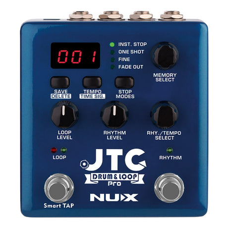 The NU-X JTC Drum+Loop PRO Dual Pedal, in a striking blue finish, is renowned for its exceptional audio recording quality and incorporates a digital display with numerous controls. It features buttons for saving and deleting recordings, tempo adjustment options, and dials to fine-tune loop, rhythm, and level settings. Additionally, the pedal has an integrated drum machine with two footswitches labeled LOOP and RHYTHM.