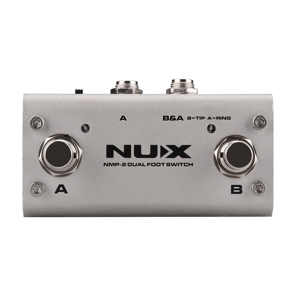 NU-X NMP-2 Dual Foot Controller Switch Pedal in a compact silver metal housing with A and B footswitches, LED indicators and top-mounted jack sockets.
