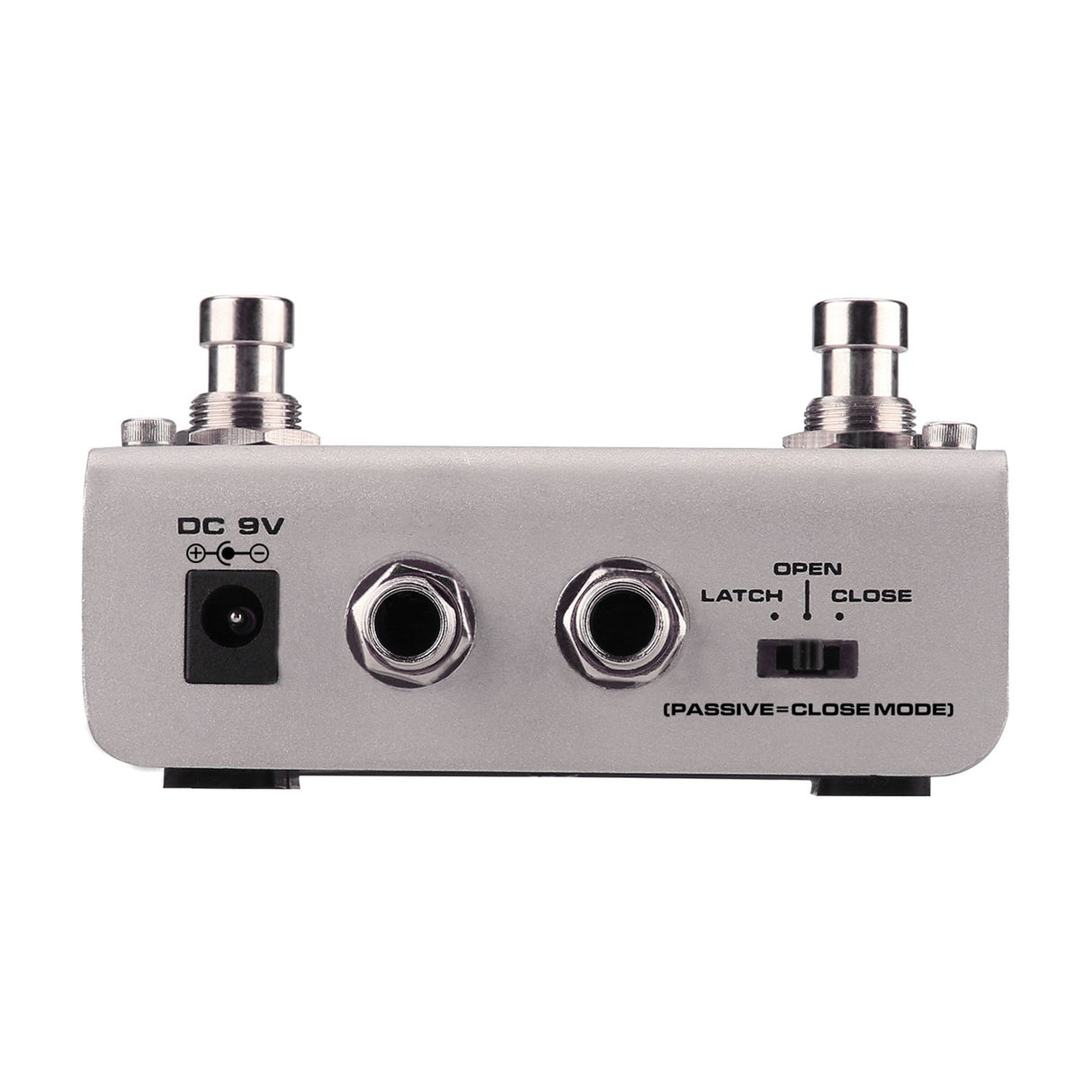 Rear view of the NU-X NMP-2 Dual Foot Controller Switch Pedal showing DC 9V input, two 6.35mm jacks and a latch/open/close mode switch.