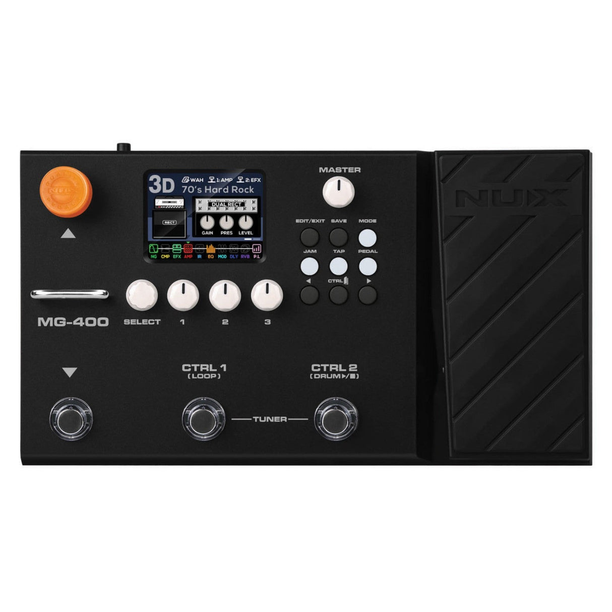 The NU-X MG-400 Multi-Effect Pedal is a black guitar pedal equipped with dual processors and a range of knobs. It has a small color display showing 70s Hard Rock, and is labeled MG-400. This pedal can also be used as an audio interface, includes footswitches CTRL 1 and CTRL 2, offers amp simulation capabilities, and comes with a tuner.