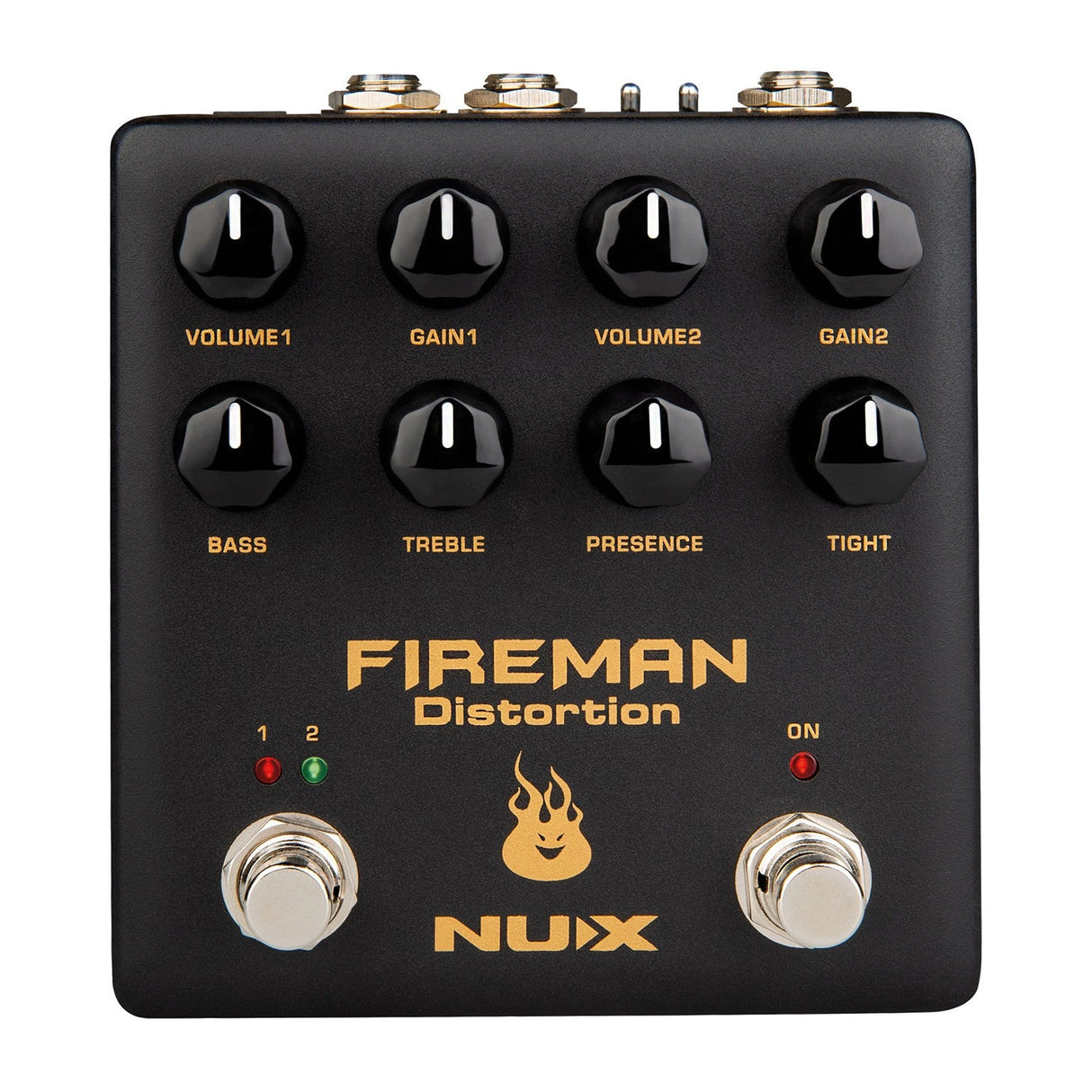 The NU-X Fireman Dual Distortion Pedal is an electric guitar effects pedal tailored for those desiring high gain modded amplifiers. It offers multiple knobs for adjusting Volume, Gain, Bass, Treble, Presence, and Tight settings. The pedal features two footswitches accompanied by a small flame icon to deliver a fiery performance.