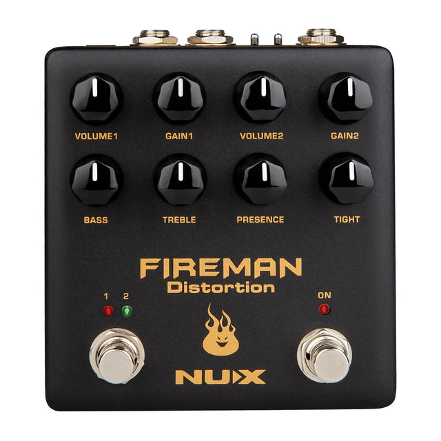 The NU-X Fireman Dual Distortion Pedal is an electric guitar effects pedal tailored for those desiring high gain modded amplifiers. It offers multiple knobs for adjusting Volume, Gain, Bass, Treble, Presence, and Tight settings. The pedal features two footswitches accompanied by a small flame icon to deliver a fiery performance.