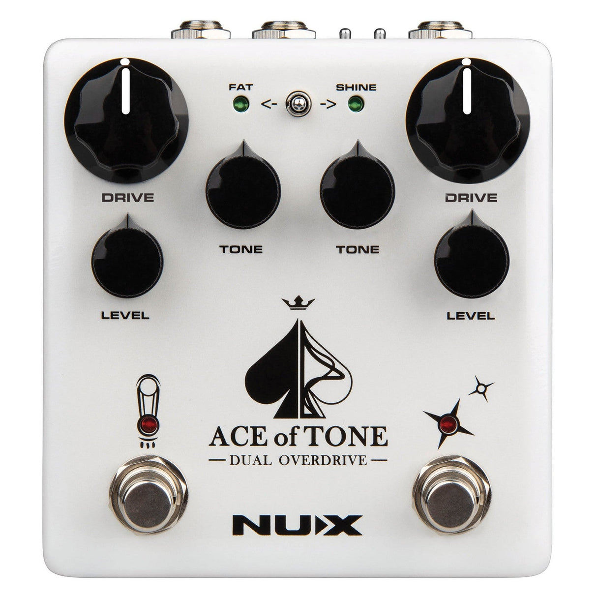 Image of a white guitar effects pedal labeled NU-X Ace Of Tone Dual Overdrive Pedal. It features dual stacked overdrive with two prominent drive knobs, tone and level controls, and two footswitches. The Fat and Shine toggle switch with indicator lights enhances your sound with distinctive grit.