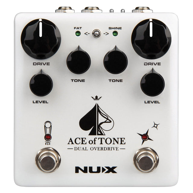 Image of a white guitar effects pedal labeled NU-X Ace Of Tone Dual Overdrive Pedal. It features dual stacked overdrive with two prominent drive knobs, tone and level controls, and two footswitches. The Fat and Shine toggle switch with indicator lights enhances your sound with distinctive grit.