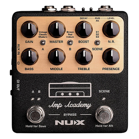 Image of the NU-X Amp Academy Pedal displaying its valve amp modeling capabilities. It comes with controls such as gain, master, boost, bass, middle, treble, and noise reduction. The pedal offers various sound setting options and includes two footswitches marked A and B Scene, making it ideal for enthusiasts of classic amplifier models.