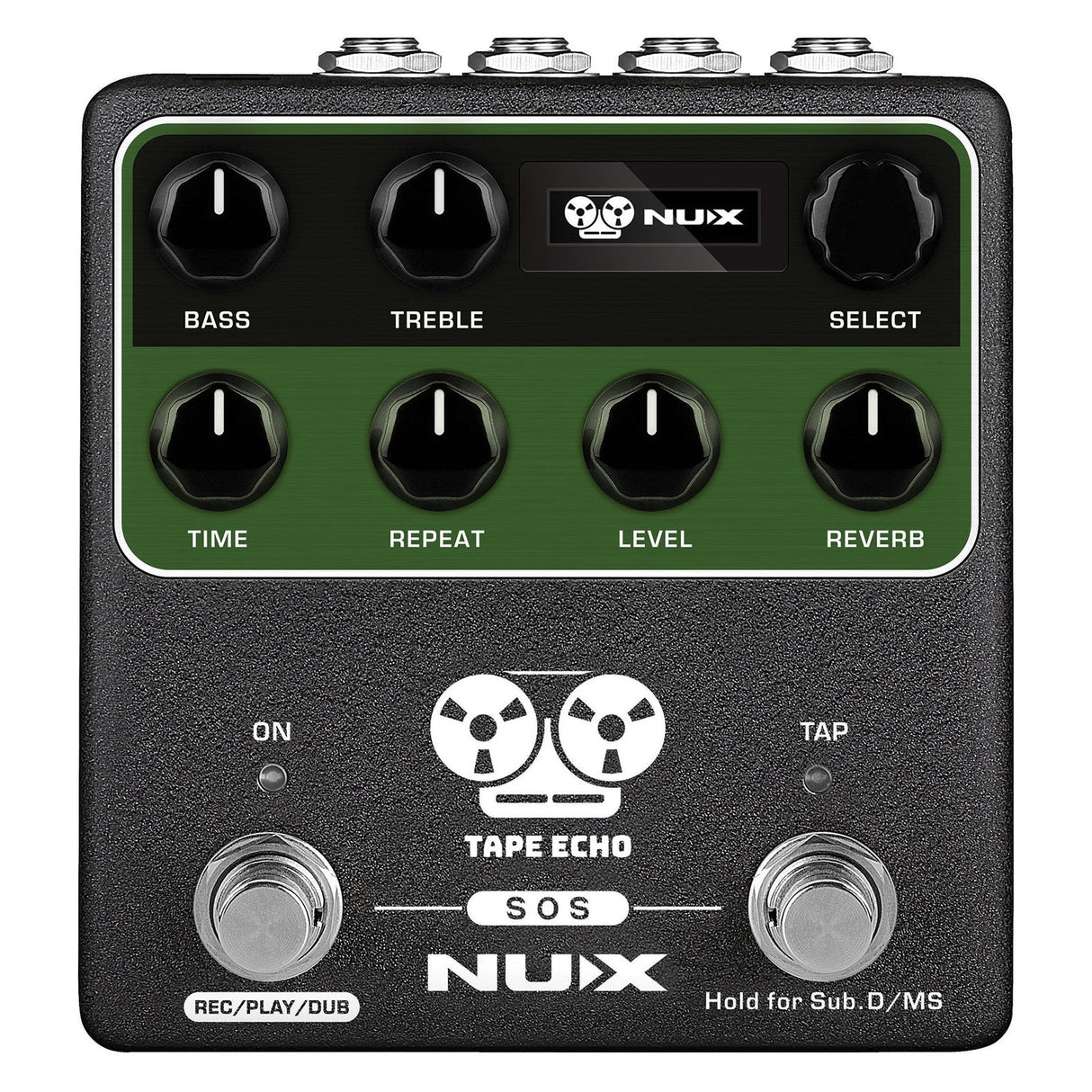 Image of the NU-X Tape Echo Effect Pedal, a vintage echo unit featuring six control knobs: Bass, Treble, Select, Time, Repeat, Level, and Reverb. It includes two footswitches labeled Rec/Play/Dub and Tap. The sleek black and green design is accented by white text.